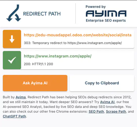 Extensión Redirect Path mostrando que la URL de Odoo /website/social/instagram devuelve una redirección 303 temporal hacia instagram.com/apple y esta responde con un 200